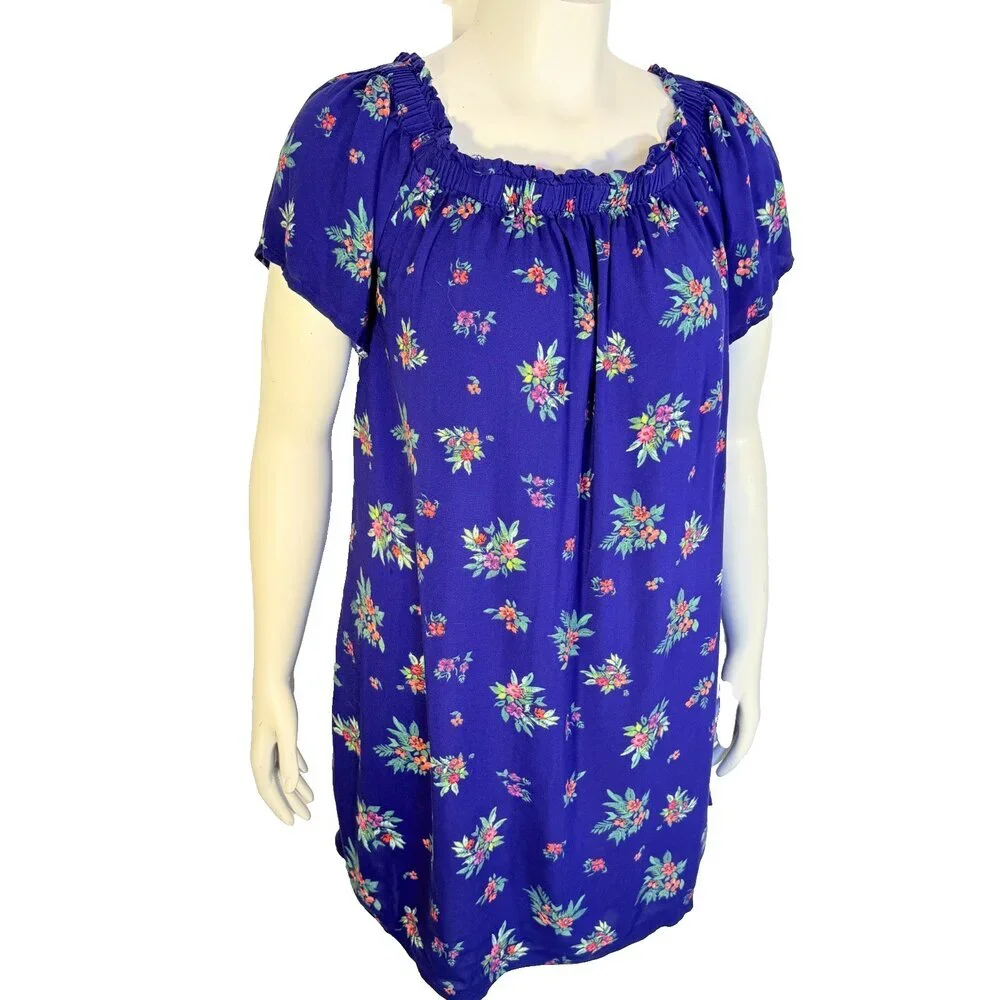 Peyton & Parker Casual Dress Size L Short Sleeve Gathered Neck Royal Blue Floral